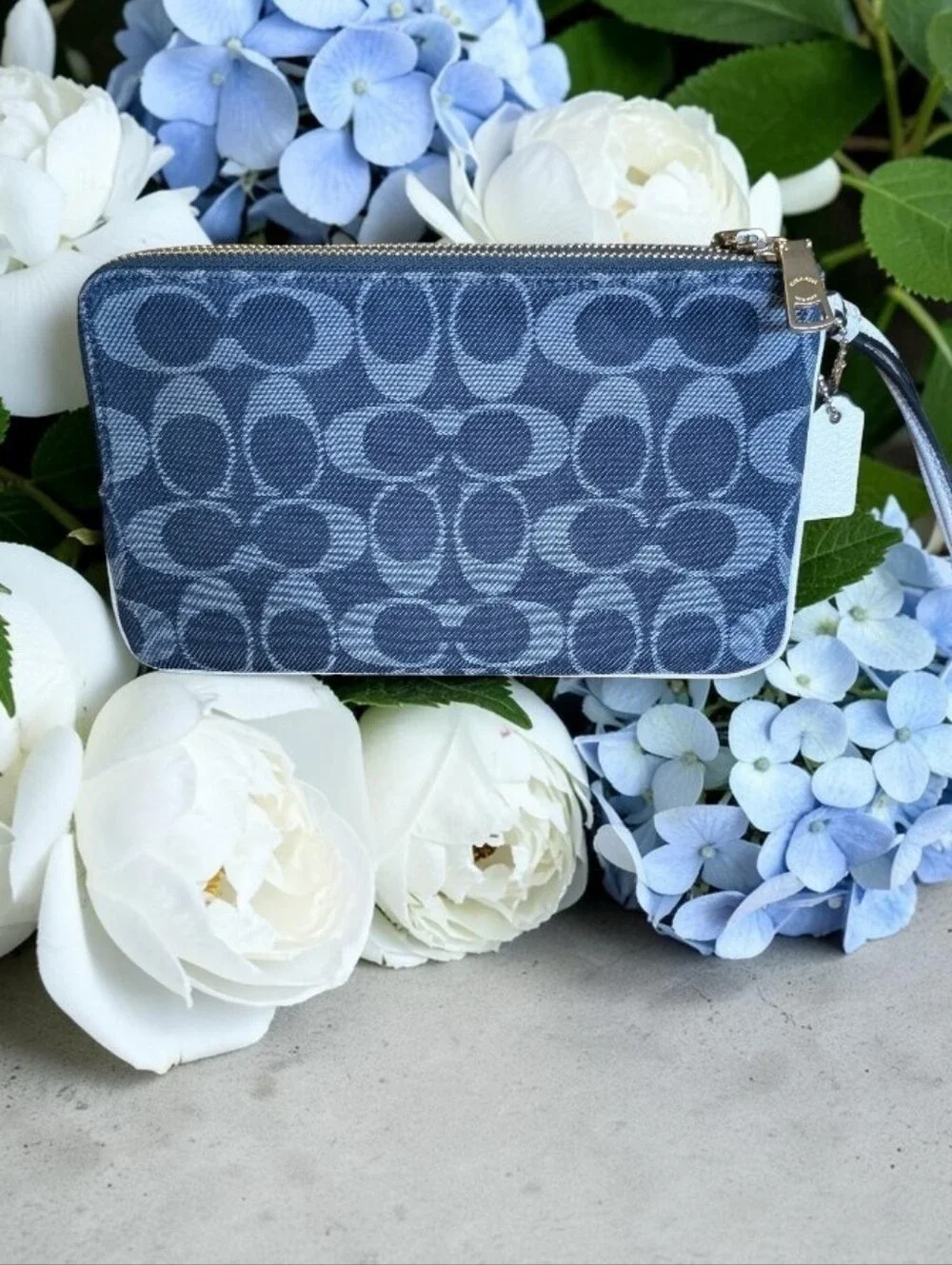 Coach Signature Zip Wristlet in Blue with White Logo Patch